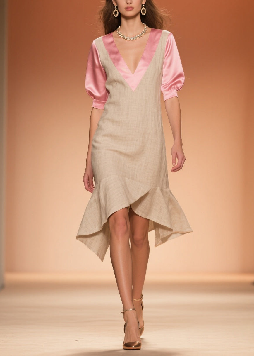 Women Beige Ruffled Patchwork Linen Silk Fake Two Piece Dress Summer