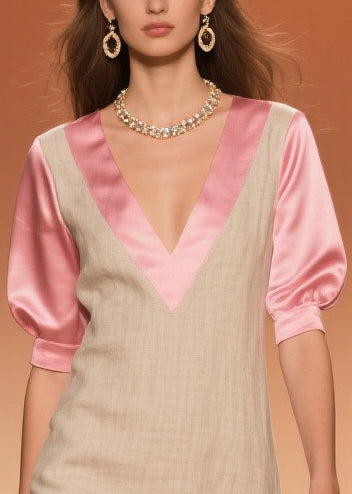 Women Beige Ruffled Patchwork Linen Silk Fake Two Piece Dress Summer