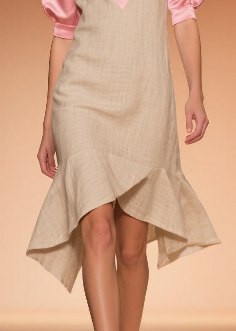 Women Beige Ruffled Patchwork Linen Silk Fake Two Piece Dress Summer