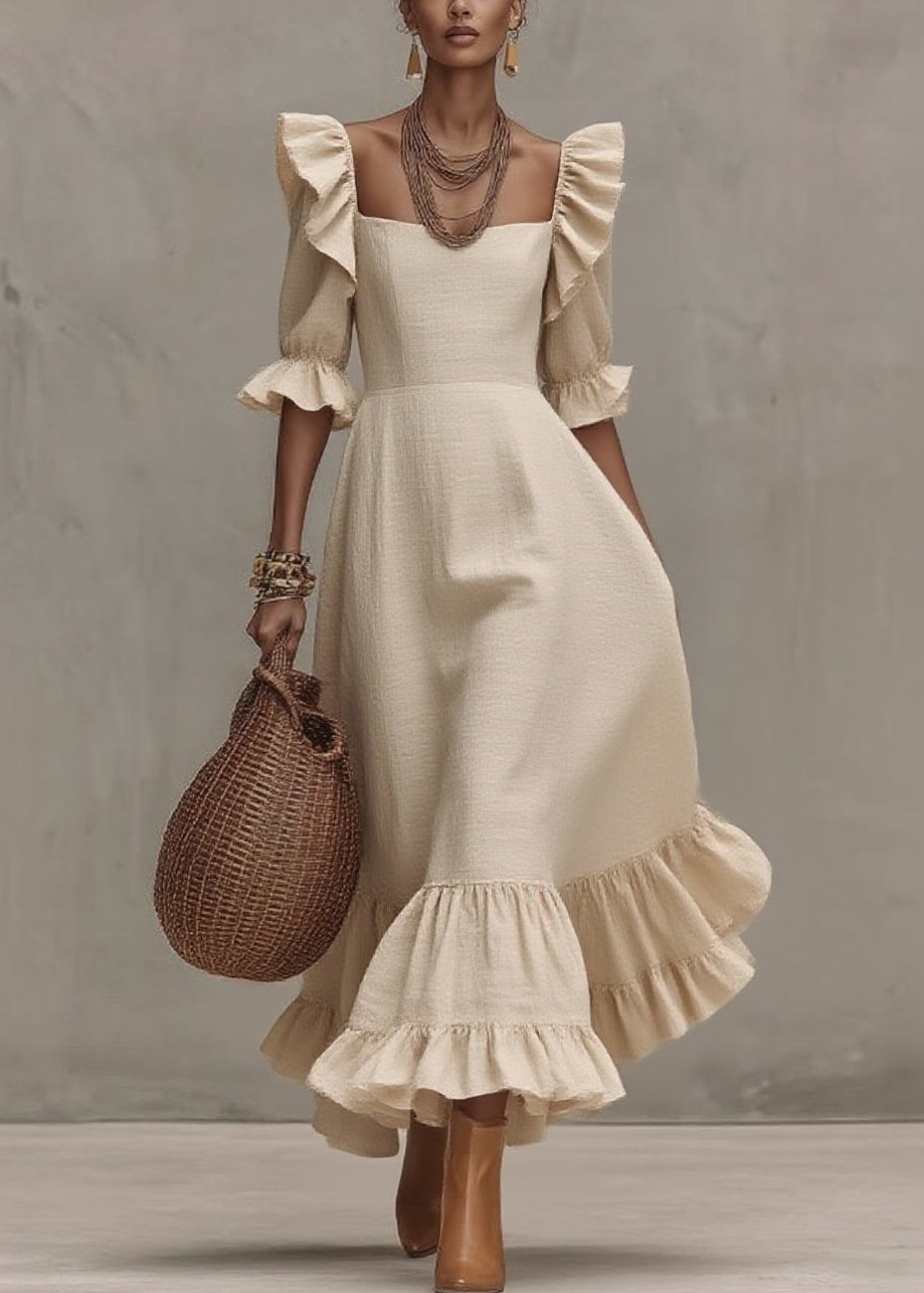Women Beige Ruffled Patchwork Long Dresses Short Sleeve - Omychic