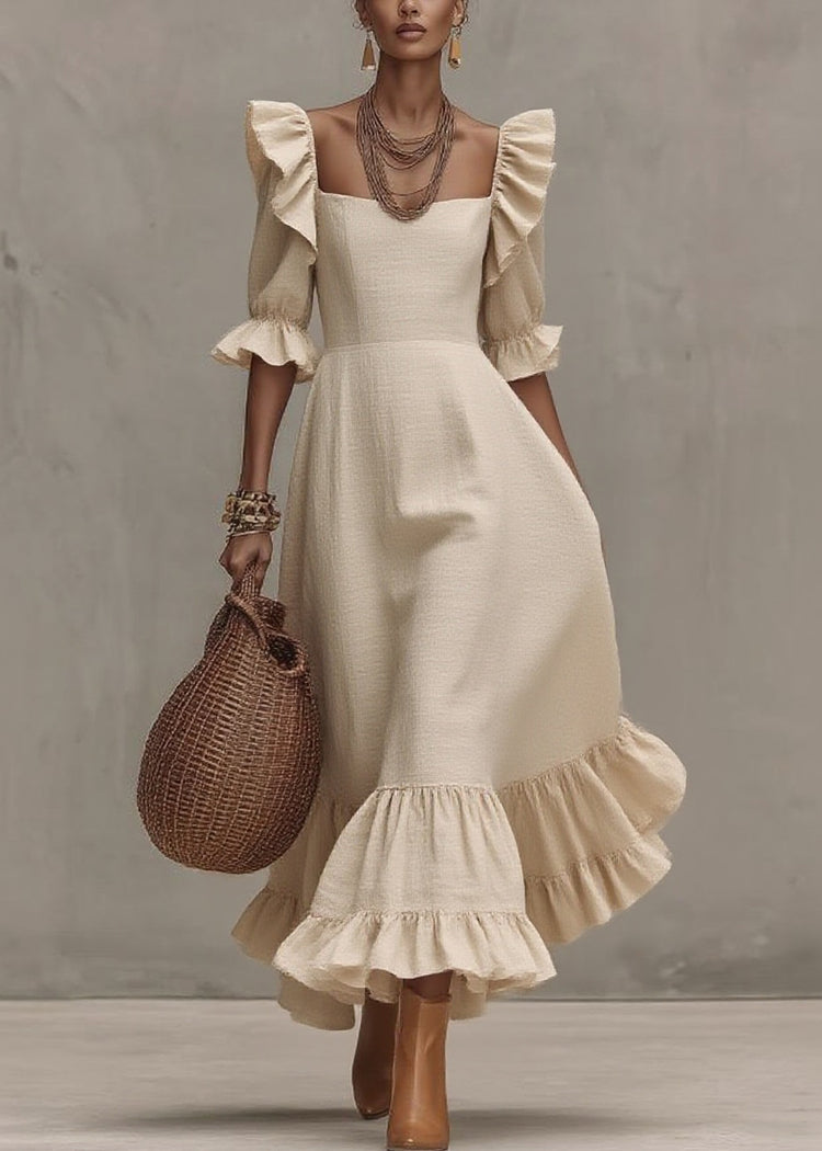 Women Beige Ruffled Patchwork Long Dresses Short Sleeve - Omychic