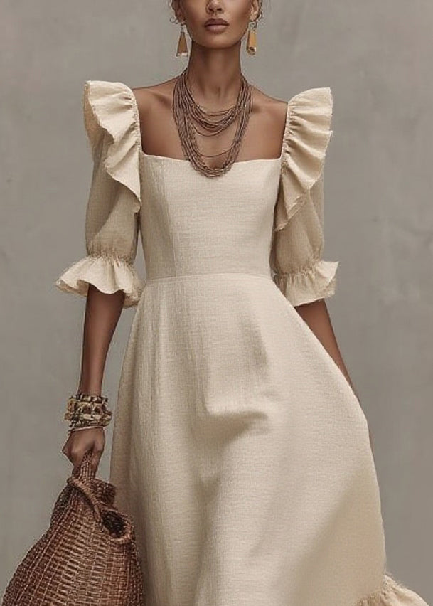 Women Beige Ruffled Patchwork Long Dresses Short Sleeve - Omychic