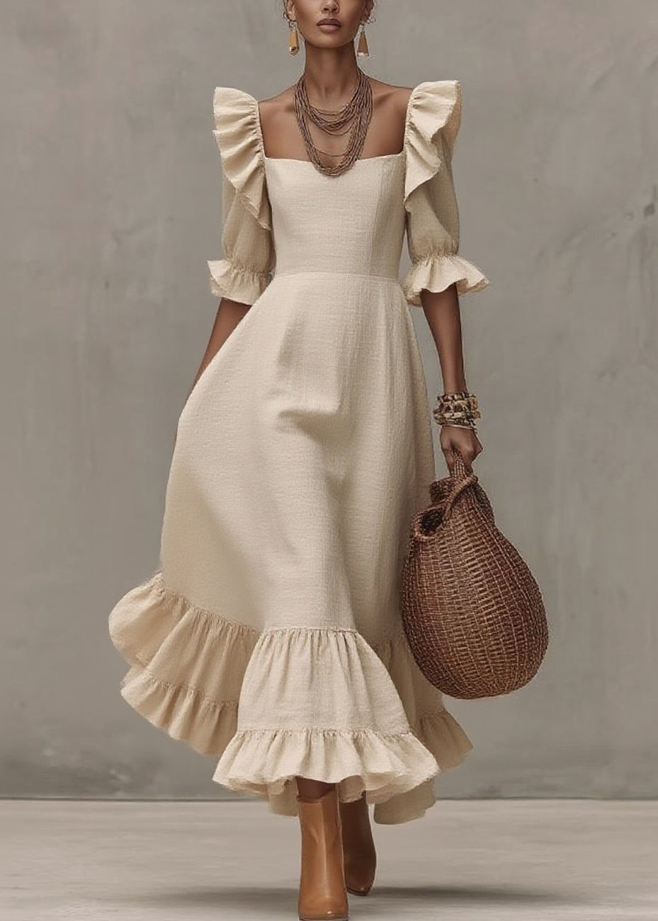 Women Beige Ruffled Patchwork Long Dresses Short Sleeve - Omychic