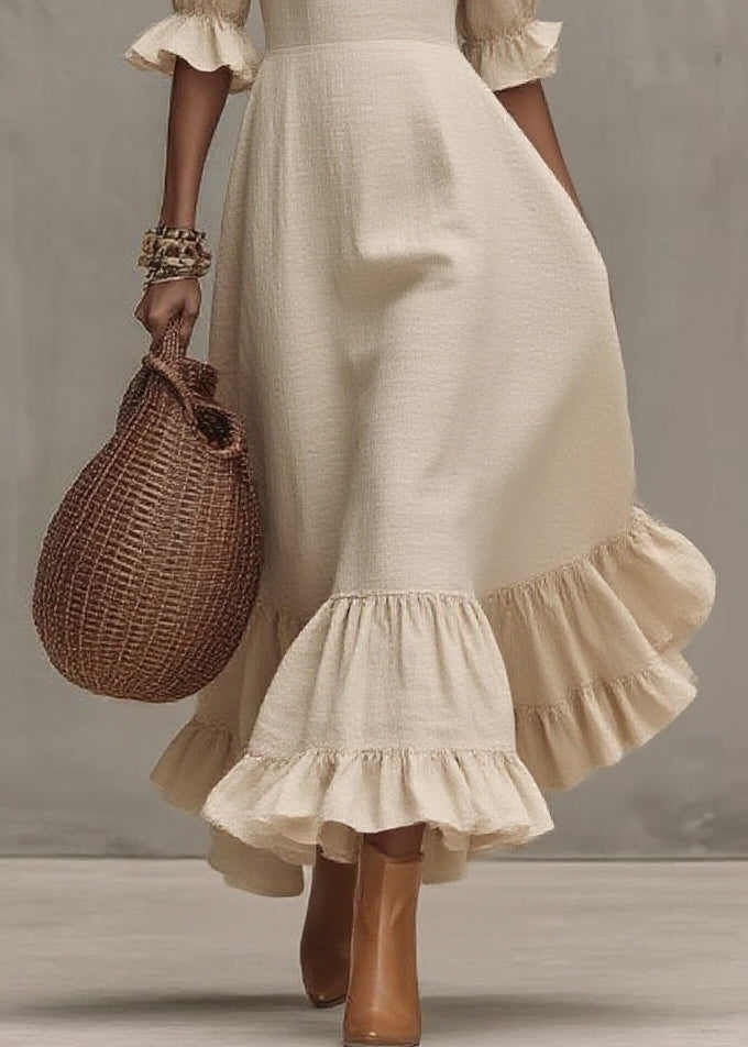 Women Beige Ruffled Patchwork Long Dresses Short Sleeve - Omychic