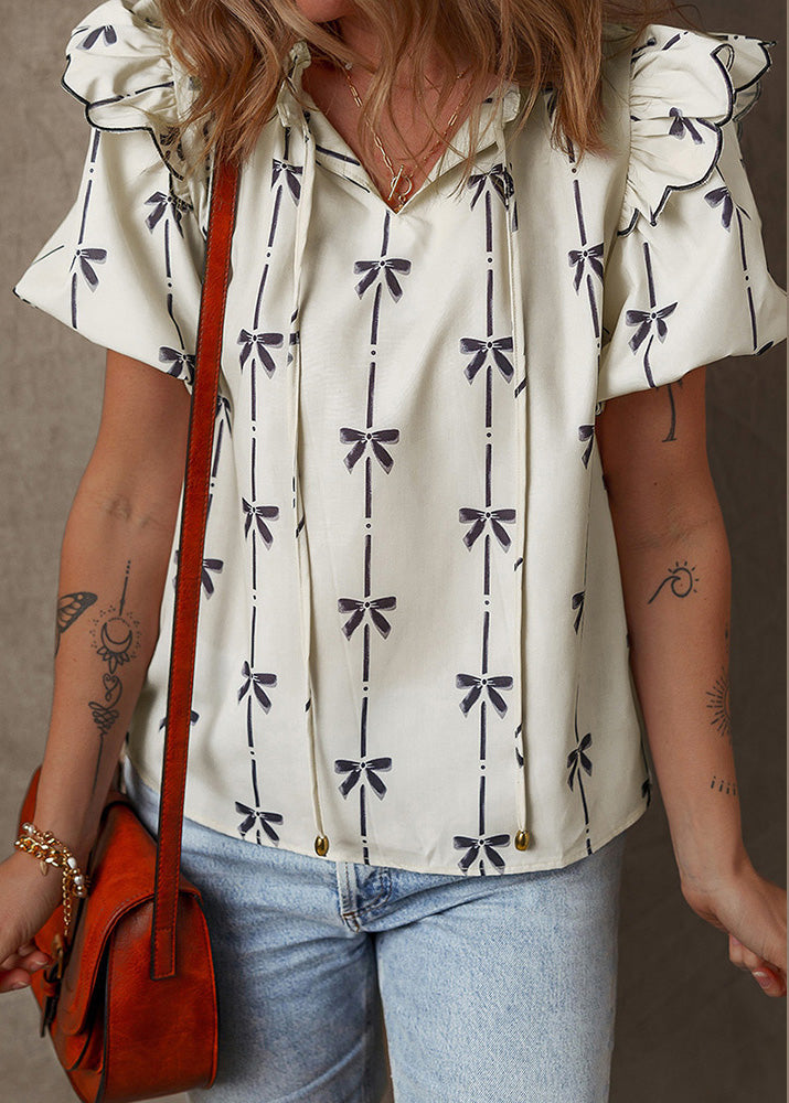 Women Beige Ruffled Puff Sleeve Print Chiffon Shirt Tops