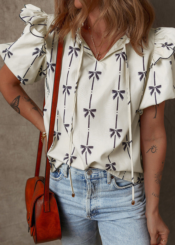 Women Beige Ruffled Puff Sleeve Print Chiffon Shirt Tops