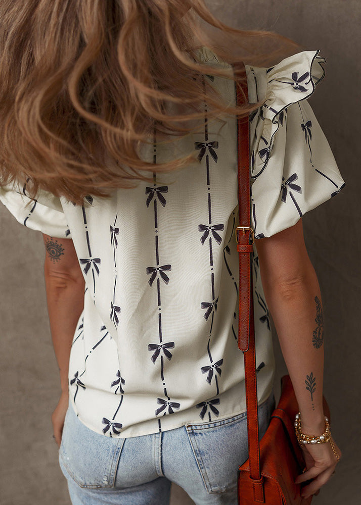 Women Beige Ruffled Puff Sleeve Print Chiffon Shirt Tops