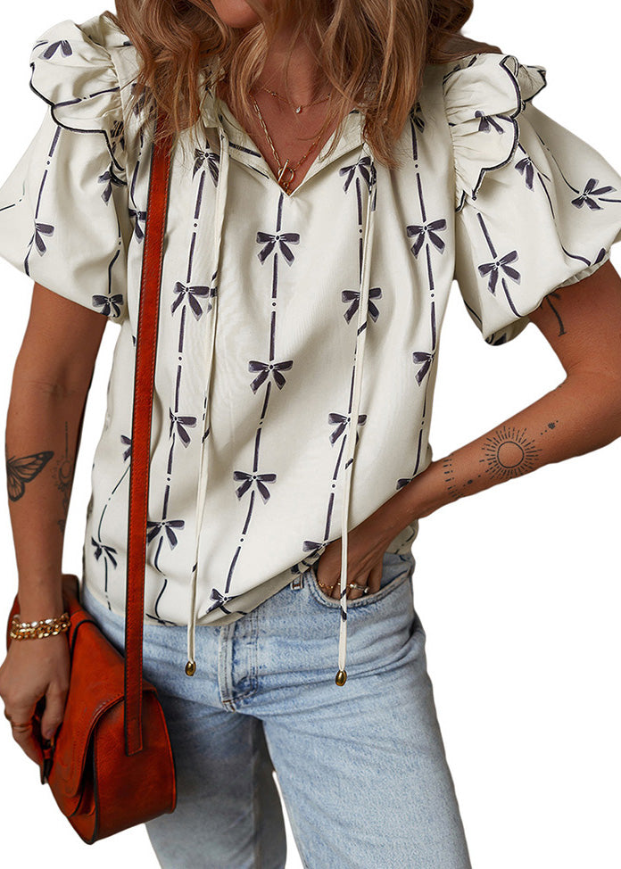 Women Beige Ruffled Puff Sleeve Print Chiffon Shirt Tops