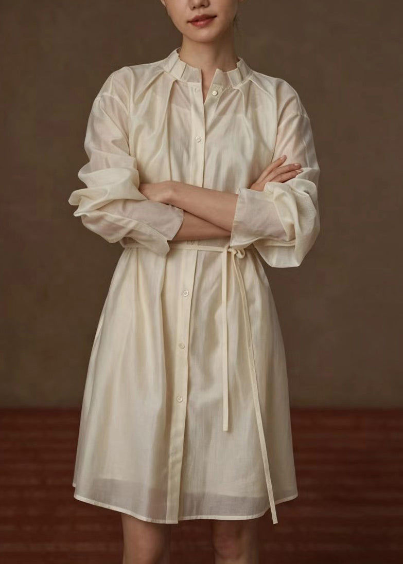 Women Beige Stand Collar Pleated Vacation Dress Long Sleeve