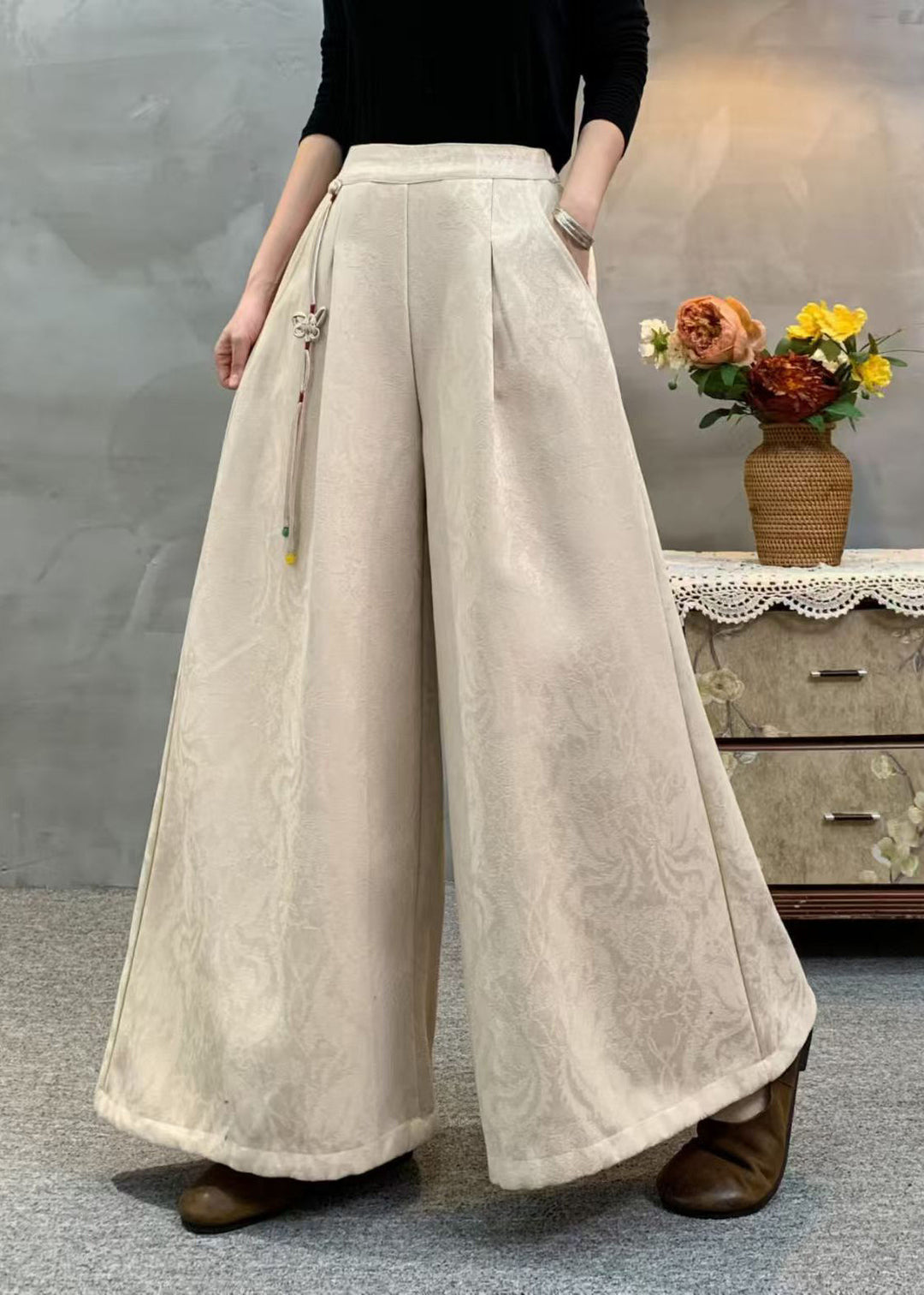 Women Beige Tassel Embroidered Warm Fleece Pants Winter