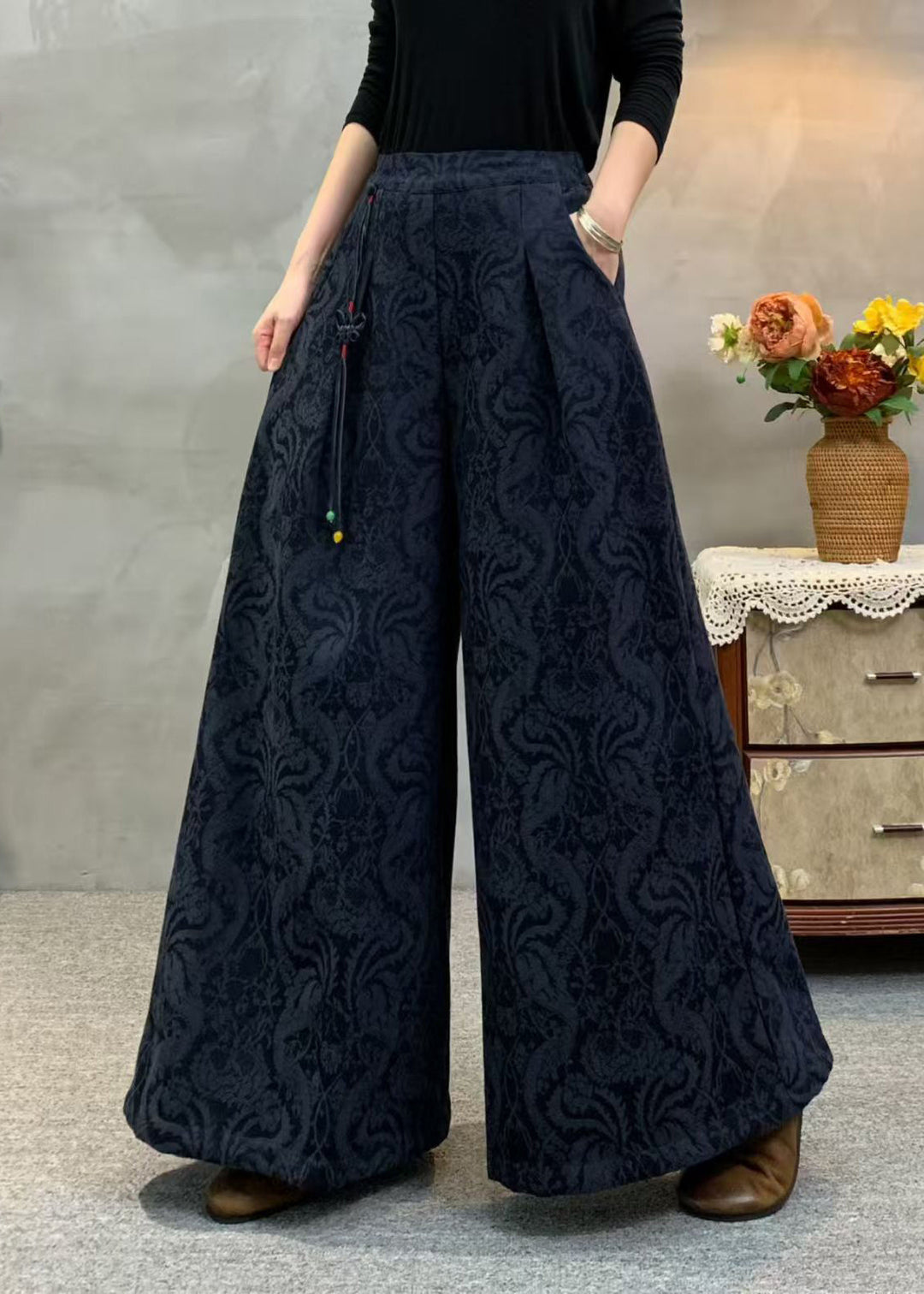 Women Beige Tassel Embroidered Warm Fleece Pants Winter