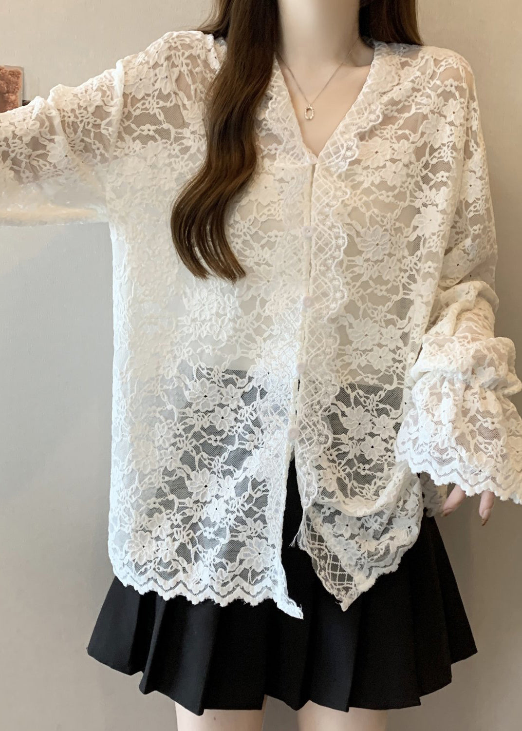Women Beige V Neck Button Lace Shirt Flare Sleeve
