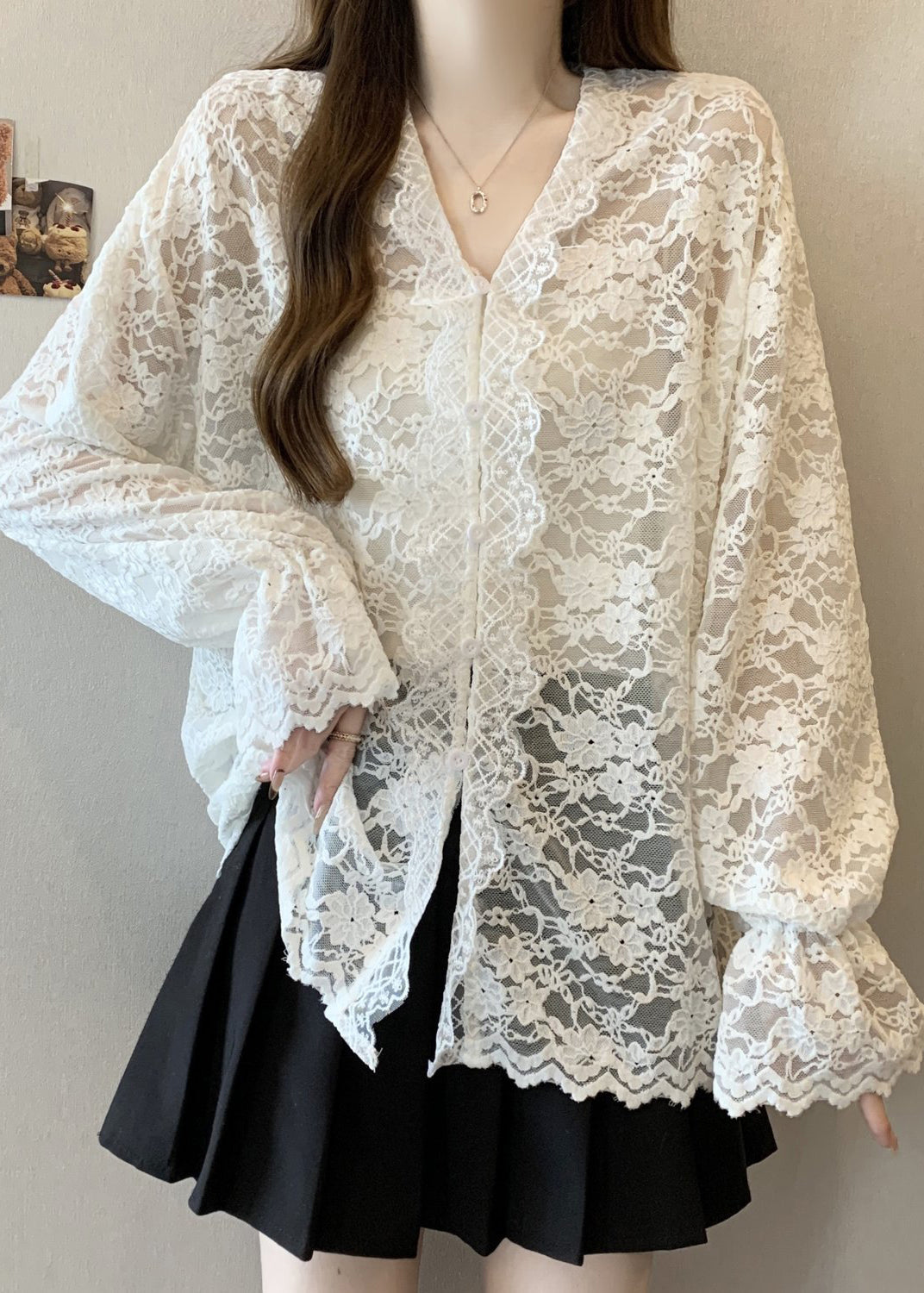 Women Beige V Neck Button Lace Shirt Flare Sleeve