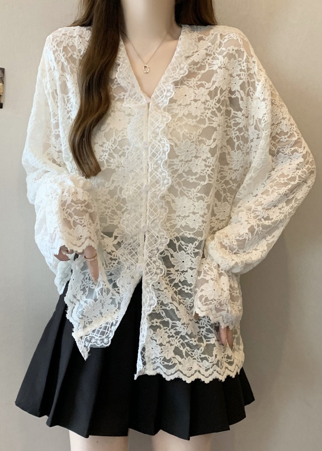 Women Beige V Neck Button Lace Shirt Flare Sleeve