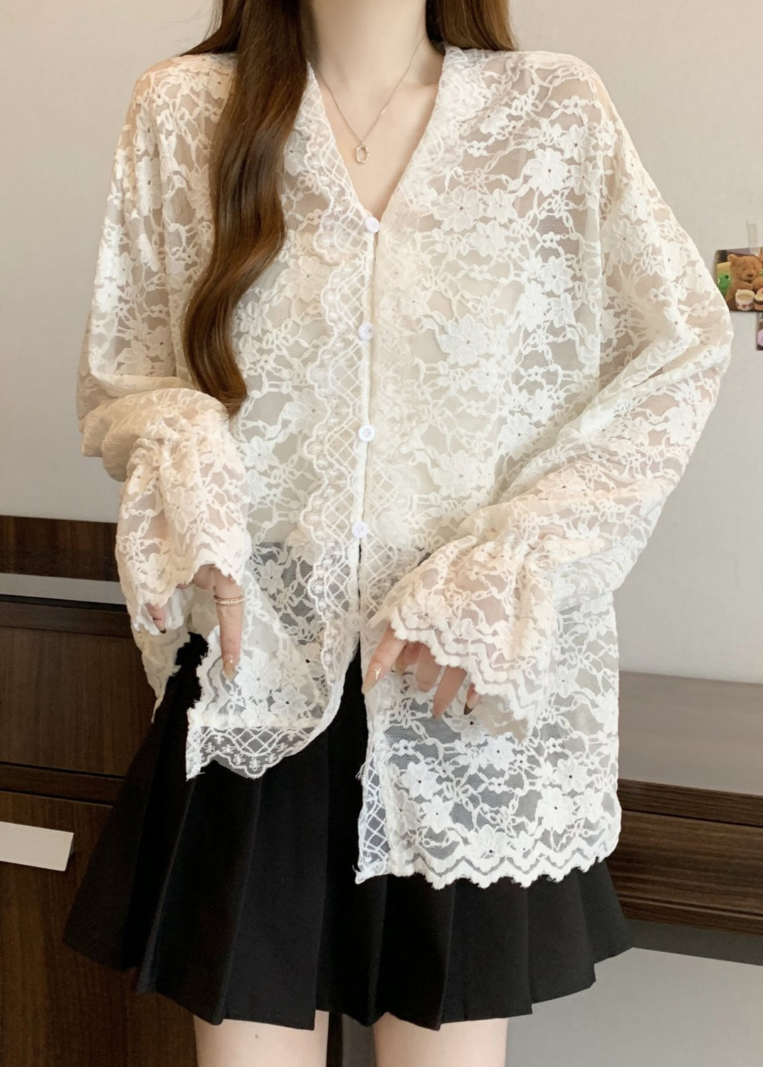 Women Beige V Neck Button Lace Shirt Flare Sleeve