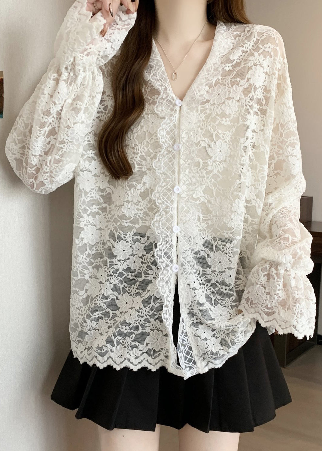 Women Beige V Neck Button Lace Shirt Flare Sleeve