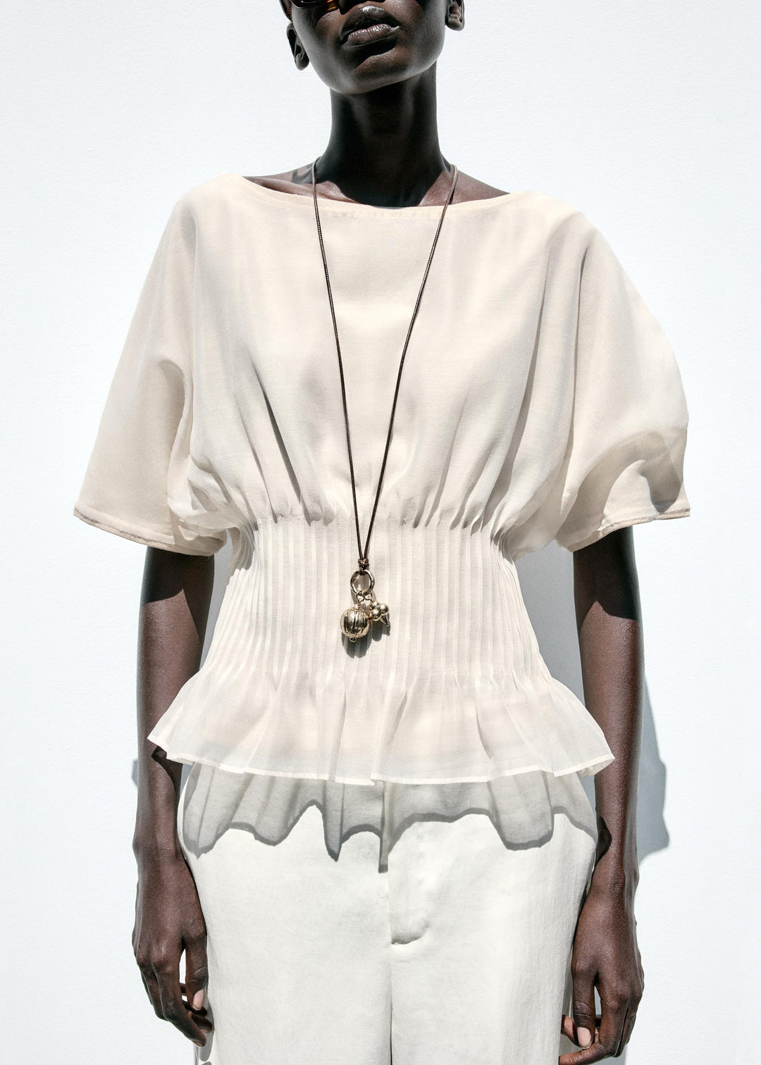 Women Beige Wrinkled Tulle Patchwork Cotton Knit T Shirts Summer