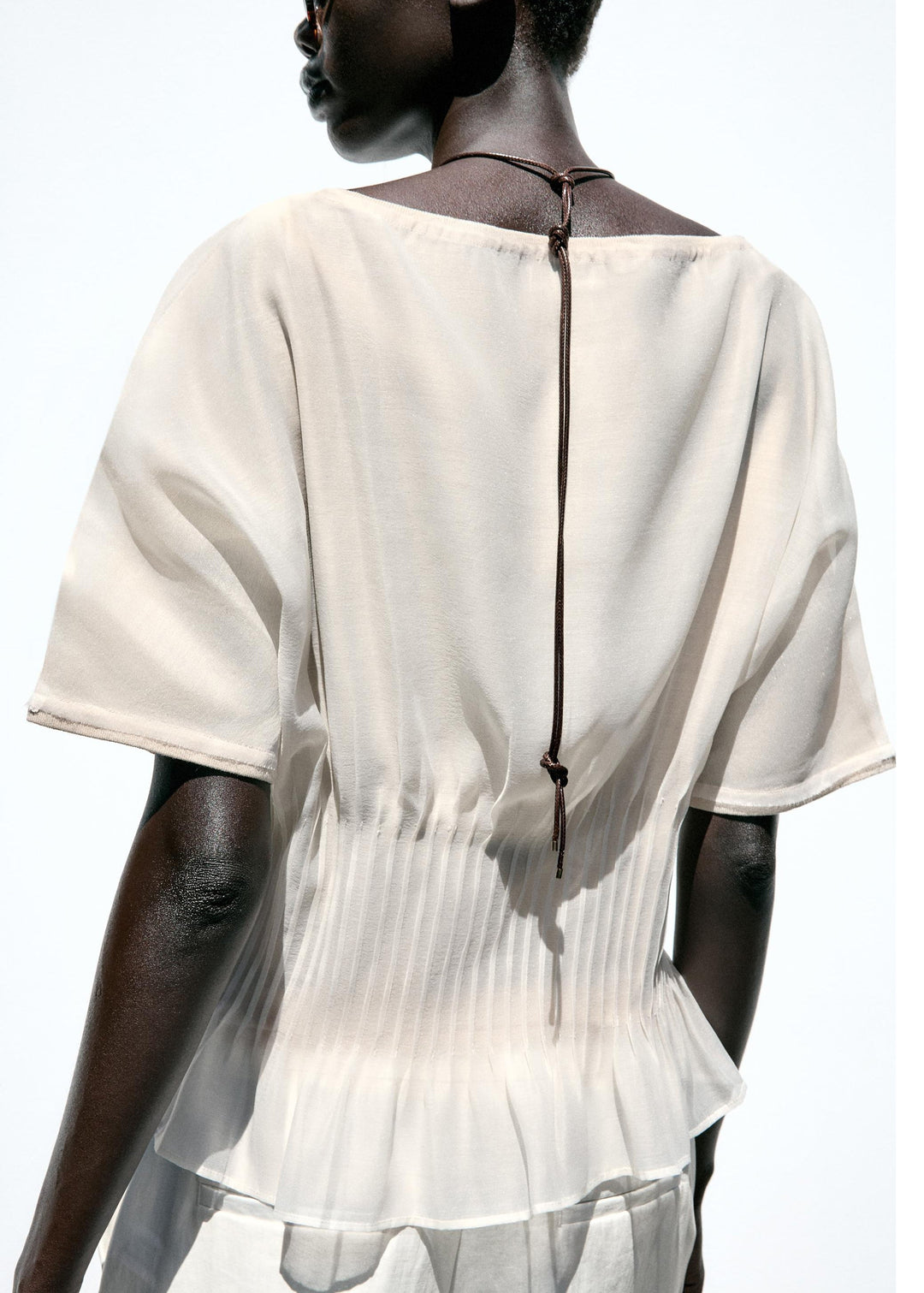 Women Beige Wrinkled Tulle Patchwork Cotton Knit T Shirts Summer