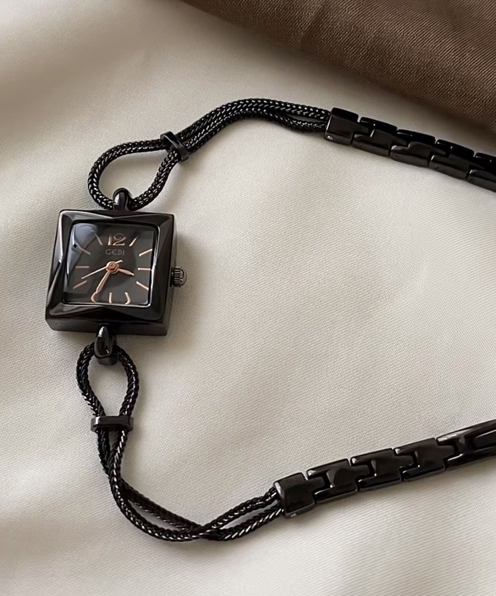 Women Black Alloy Chain Hardlex Crystal Square Watches