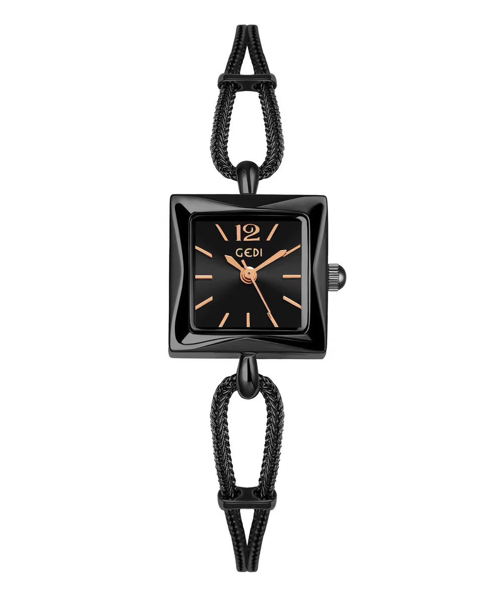 Women Black Alloy Chain Hardlex Crystal Square Watches