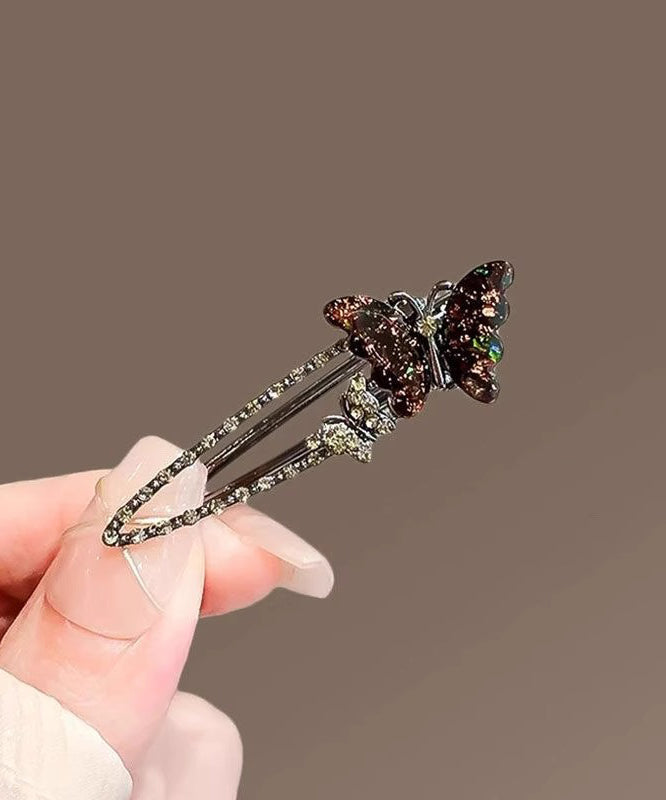 Women Black Alloy Zircon Coloured Glaze Butterfly Hairpin