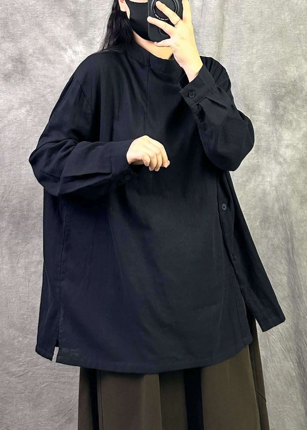 Women Black Asymmetrical Cotton A Line Shirt Top Fall