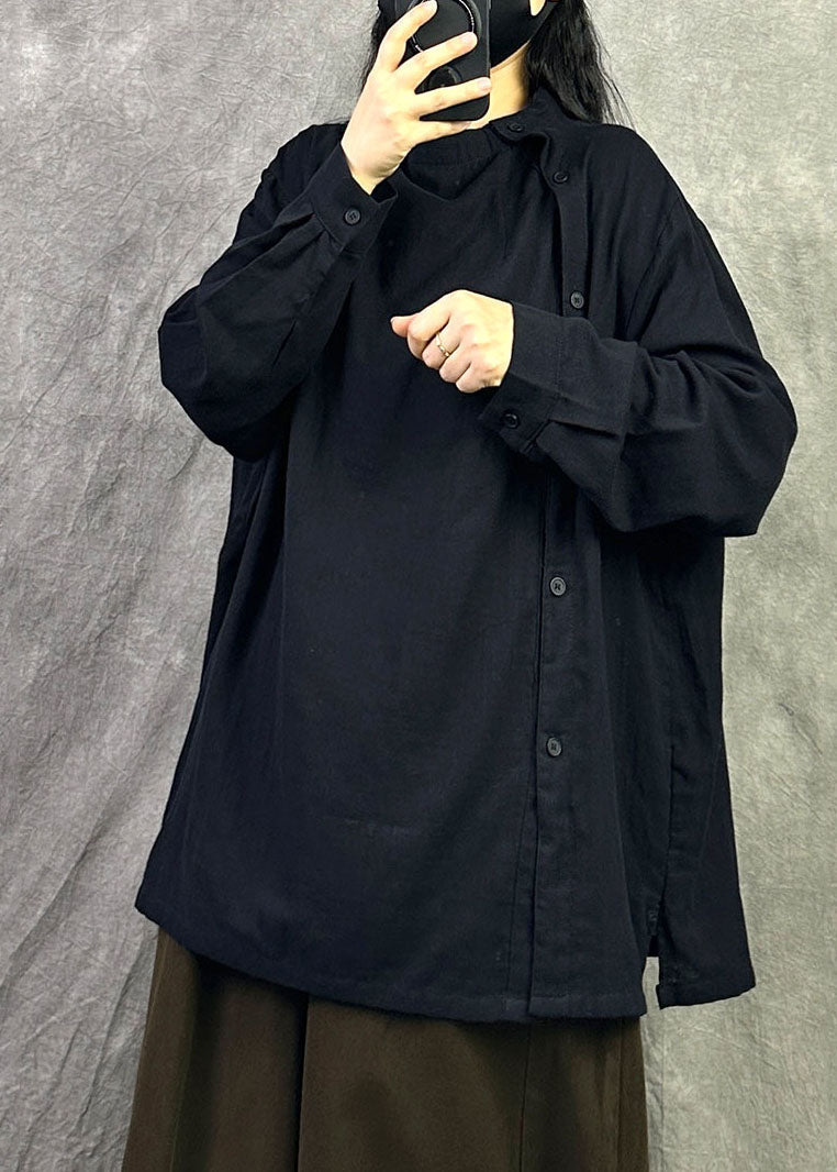 Women Black Asymmetrical Cotton A Line Shirt Top Fall