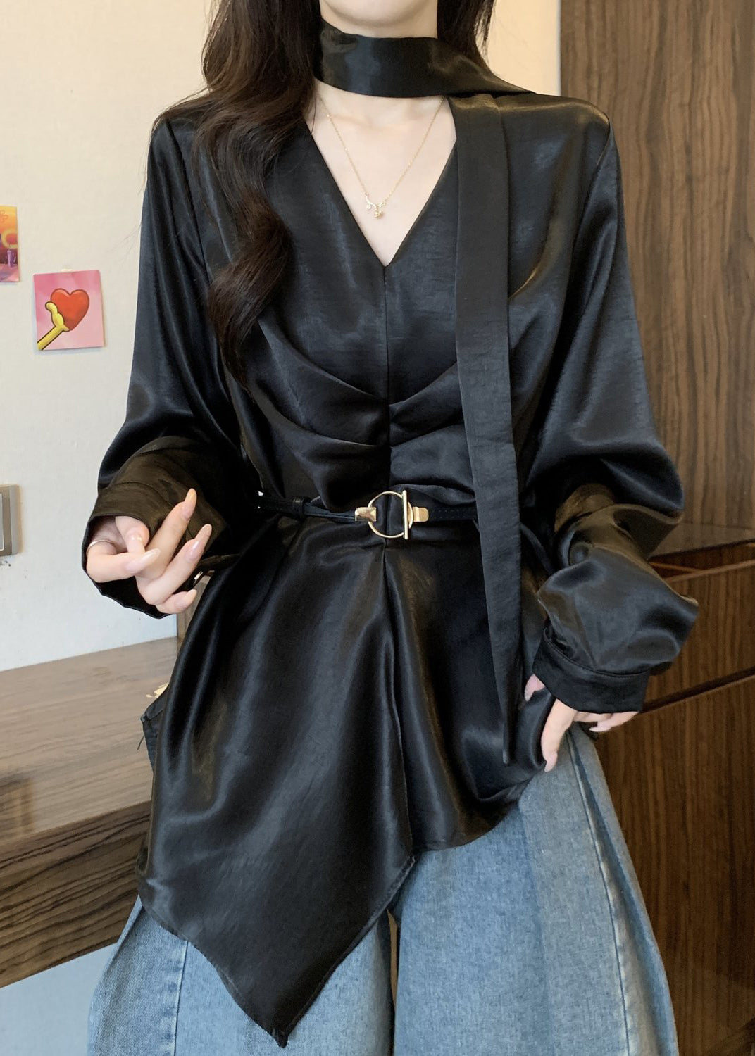 Women Black Asymmetrical Design Draping Silk Tunic Shirts Fall