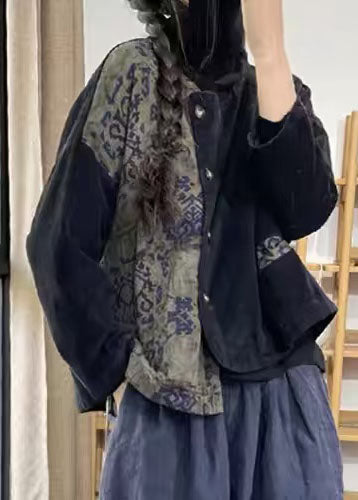 Women Black Asymmetrical Patchwork Corduroy Fine Cotton Filled Jacket Winter