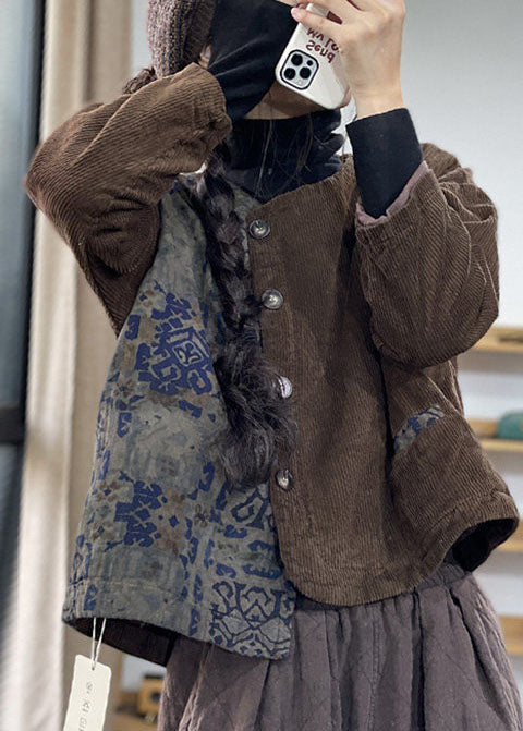 Women Black Asymmetrical Patchwork Corduroy Fine Cotton Filled Jacket Winter