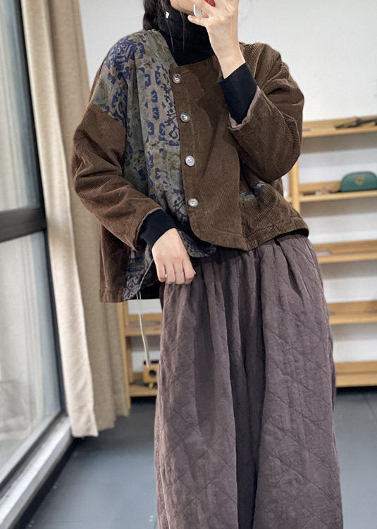 Women Black Asymmetrical Patchwork Corduroy Fine Cotton Filled Jacket Winter