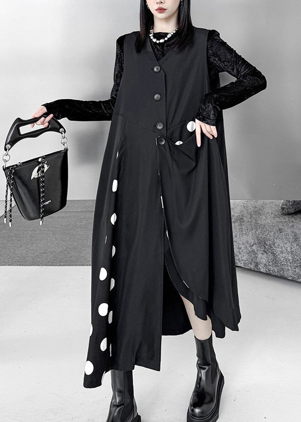Women Black Asymmetrical Patchwork Cotton Maxi Dresses Sleeveless