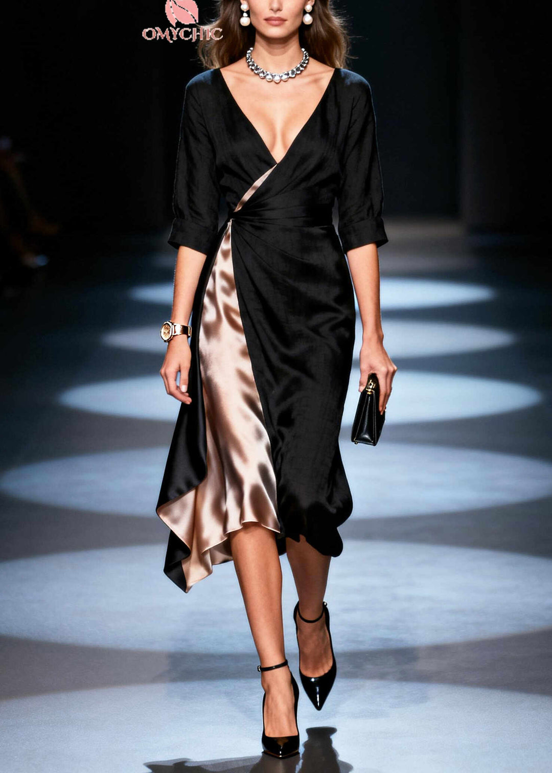 Women Black Asymmetrical Patchwork Draping Silk Dresses Summer