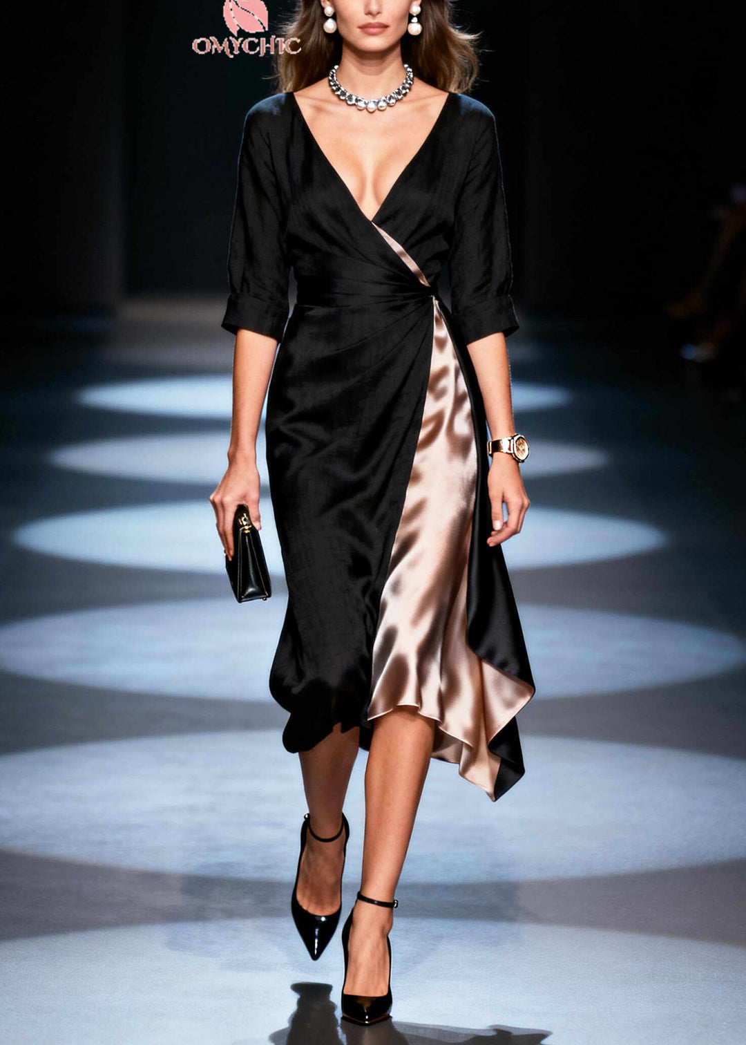 Women Black Asymmetrical Patchwork Draping Silk Dresses Summer