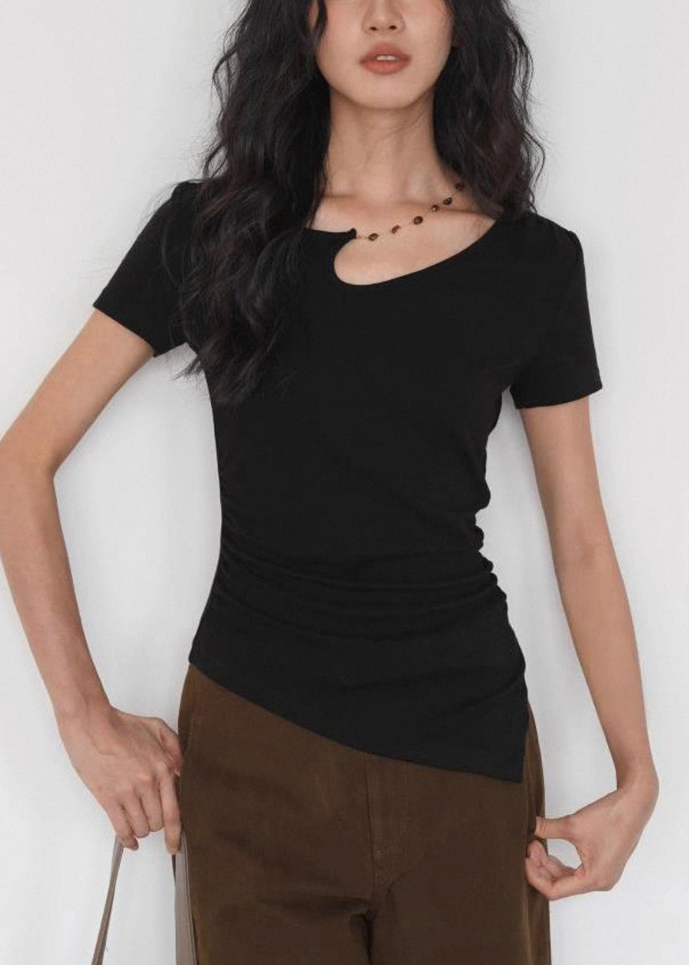 Women Black Asymmetrical Solid Cotton T Shirt Summer
