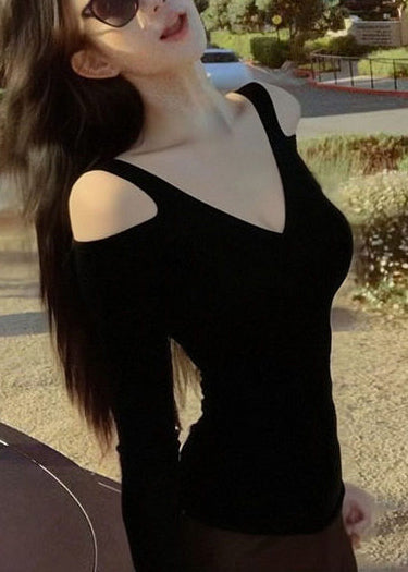 Women Black Cold Shoulder Cotton Shirts Spring