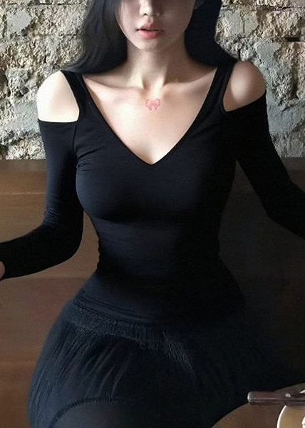 Women Black Cold Shoulder Cotton Shirts Spring