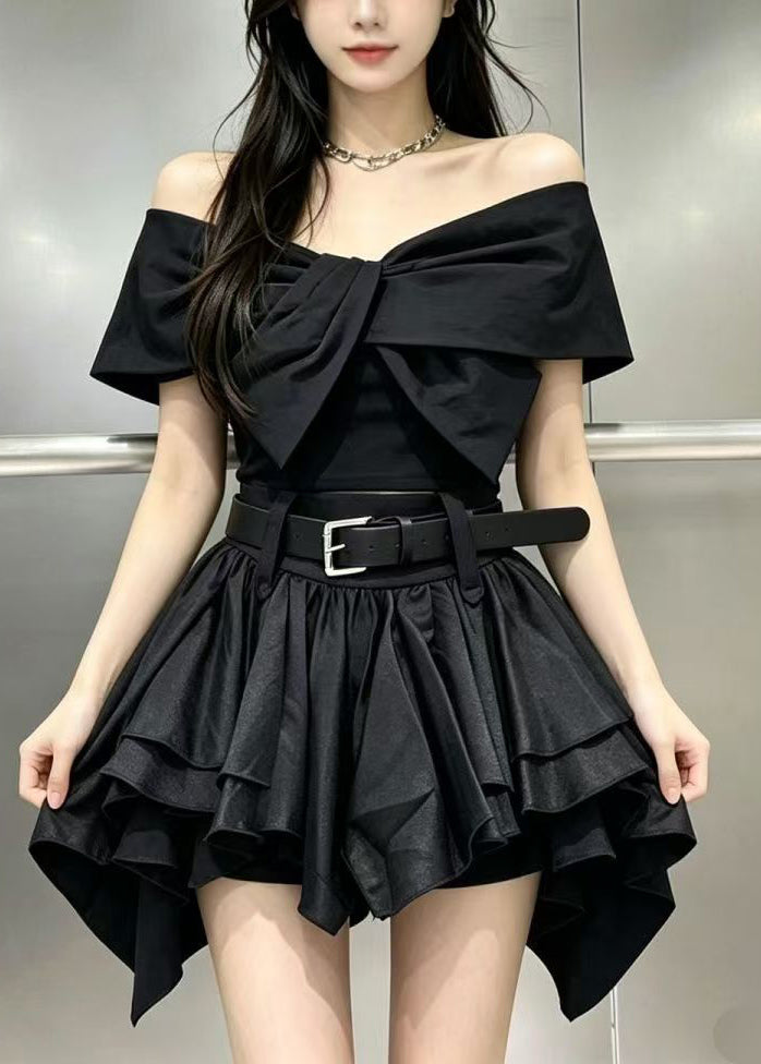 Women Black Cold Shoulder Layered Cotton Women Sets 2 Pieces Summer