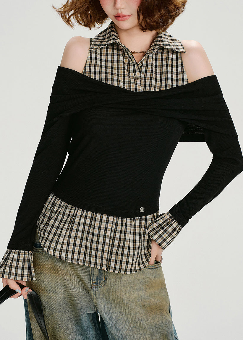 Women Black Cold Shoulder Patchwork Cotton Blouse Tops Spring