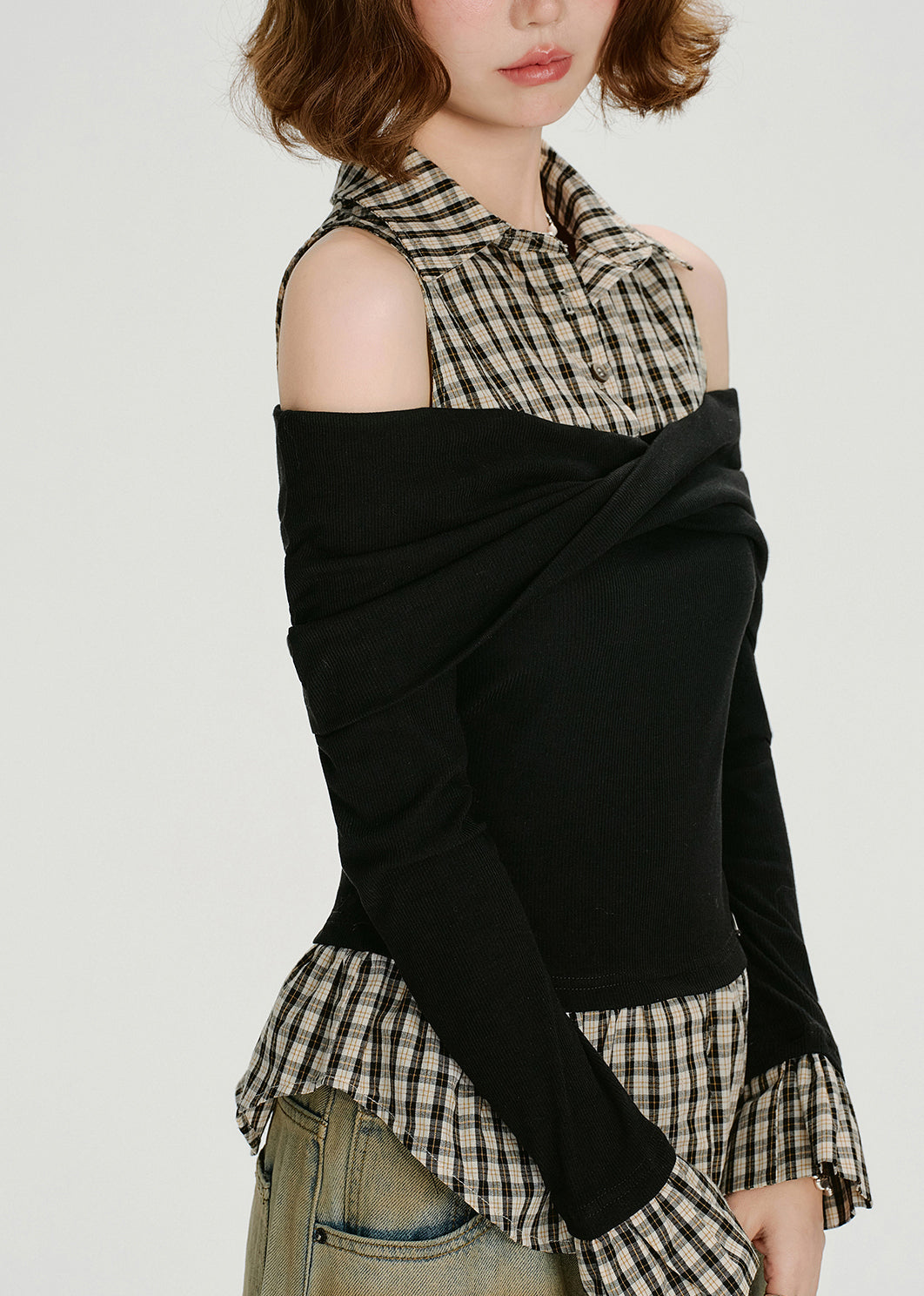 Women Black Cold Shoulder Patchwork Cotton Blouse Tops Spring