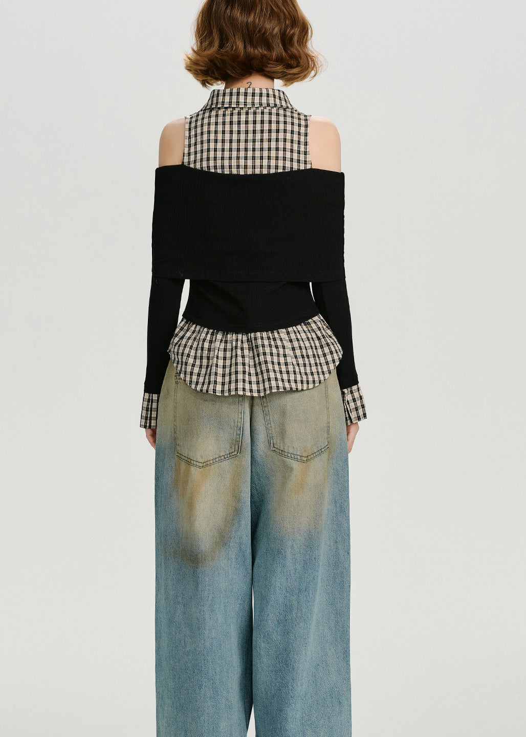 Women Black Cold Shoulder Patchwork Cotton Blouse Tops Spring