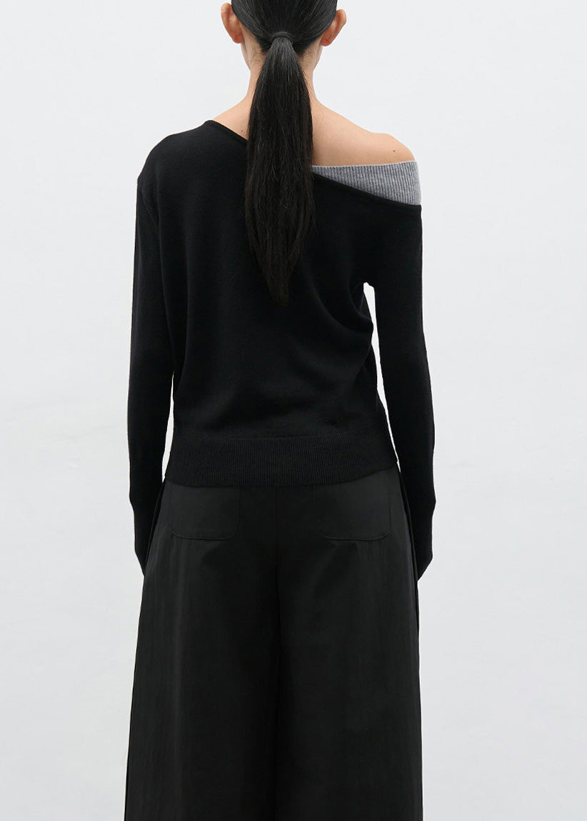 Women Black Cold Shoulder Patchwork Knit Sweaters Spring