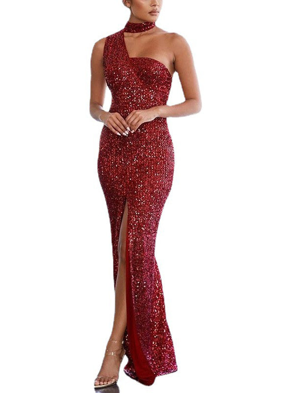 Women Black Cold Shoulder Sequins Side Open Long Dresses Summer