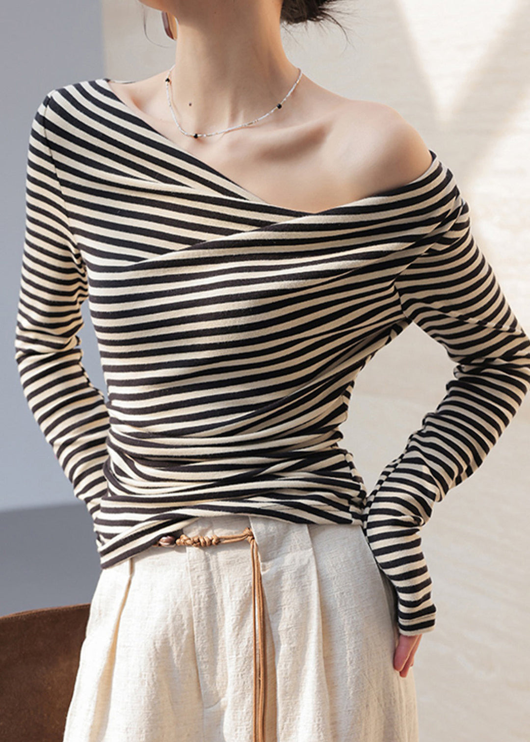 Women Black Cold Shoulder Striped Cotton Shirt Tops Fall