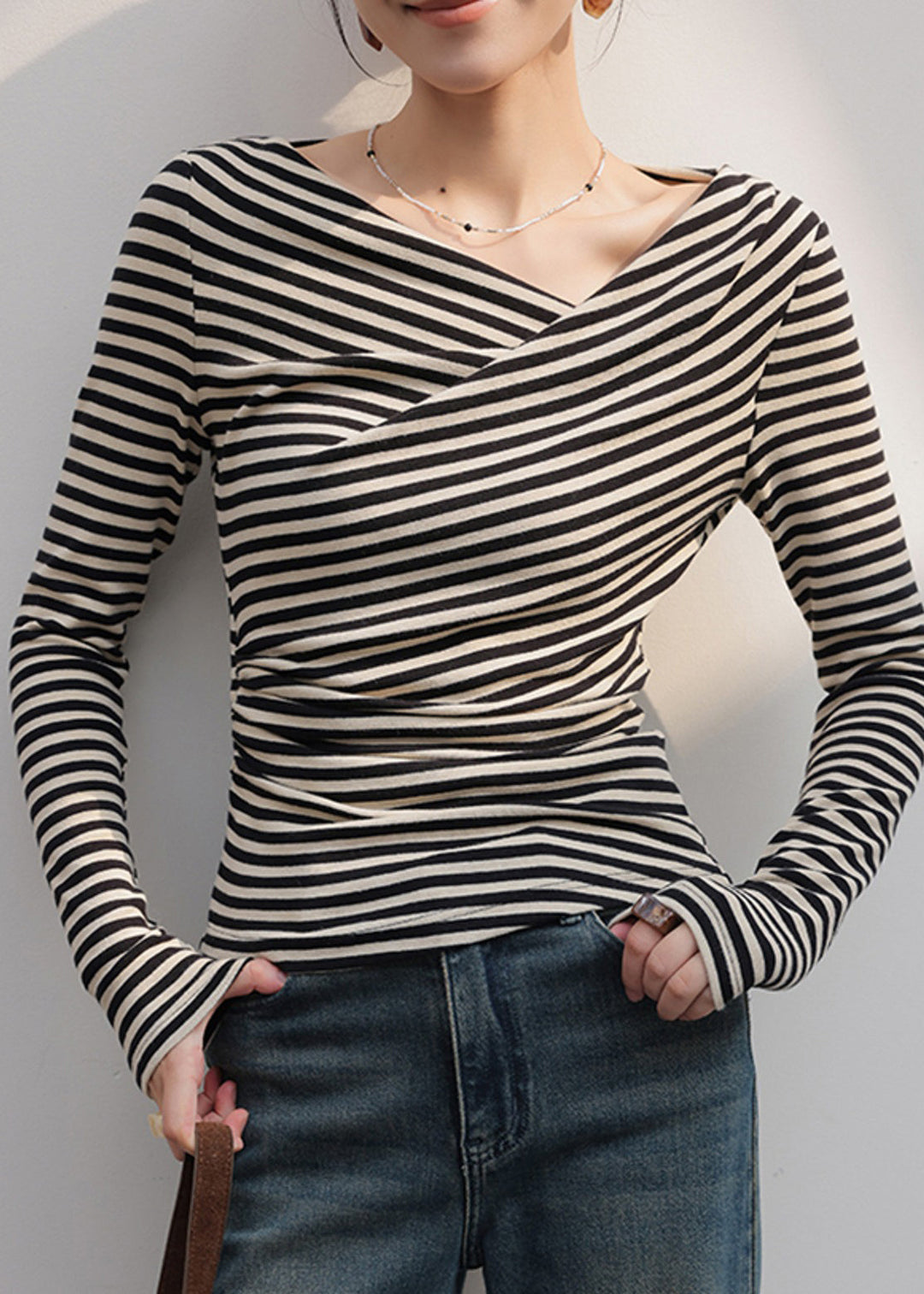 Women Black Cold Shoulder Striped Cotton Shirt Tops Fall