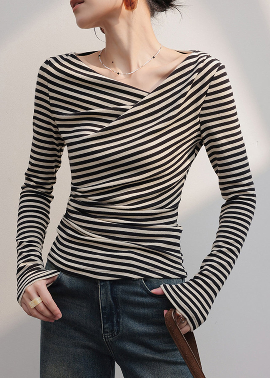 Women Black Cold Shoulder Striped Cotton Shirt Tops Fall