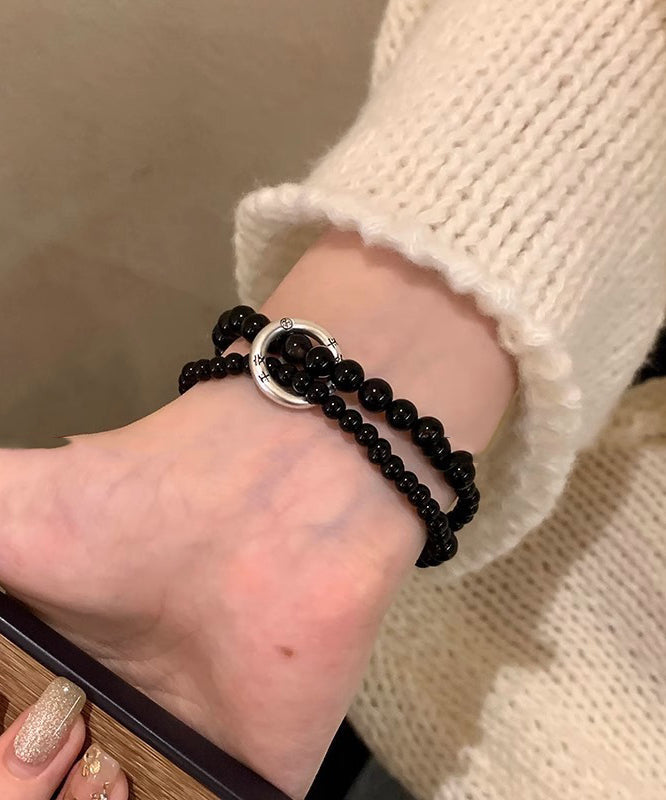 Women Black Copper Obsidian Beading Double-Layer Charm Bracelet