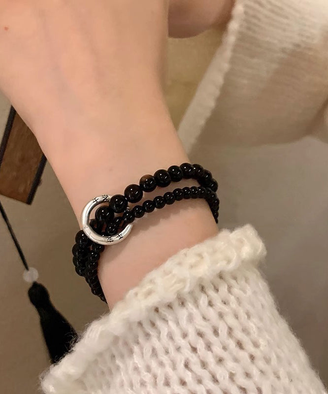 Women Black Copper Obsidian Beading Double-Layer Charm Bracelet