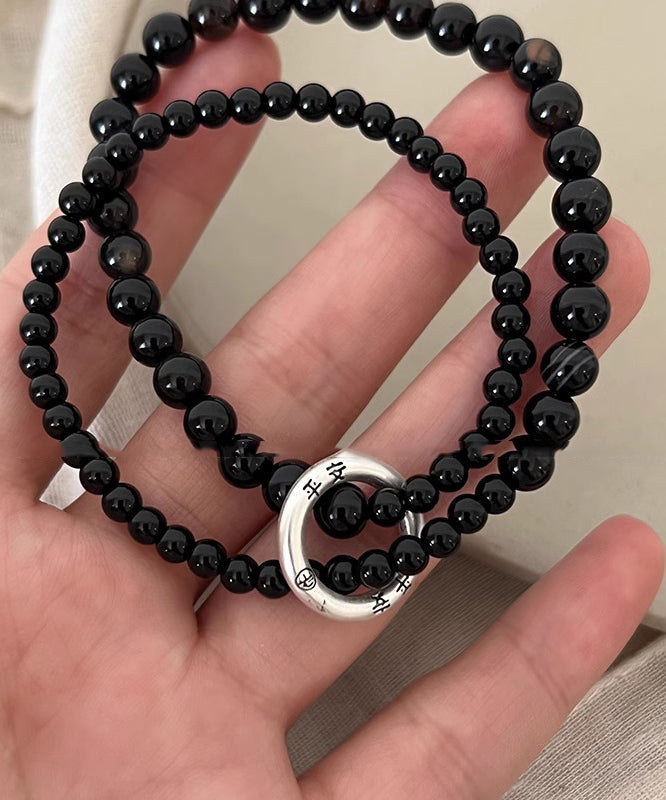 Women Black Copper Obsidian Beading Double-Layer Charm Bracelet