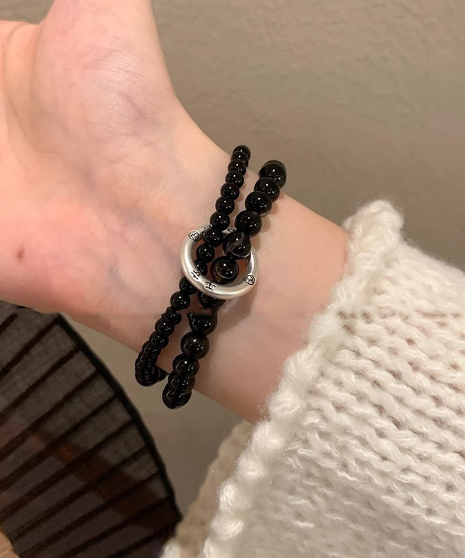 Women Black Copper Obsidian Beading Double-Layer Charm Bracelet